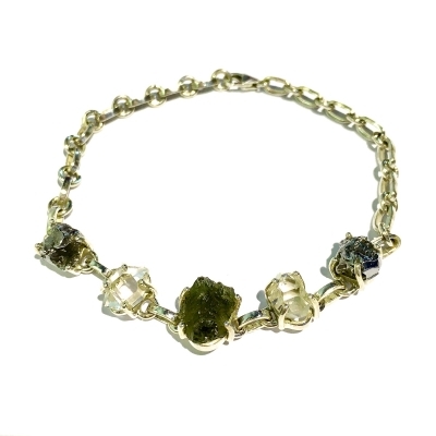 Moldavite, Herkimer Diamond & Meteorite Sterling Silver Bracelet