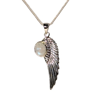 Rainbow Moonstone Angel Wing  Silver Pendant